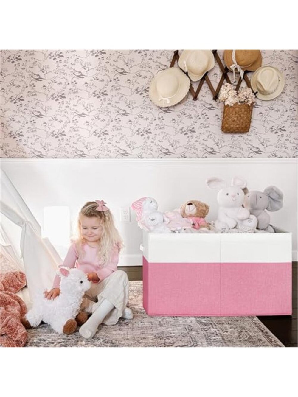 New 85L Large Collapsible Toy Storage Box, Pink & White - Picture 3 of 7